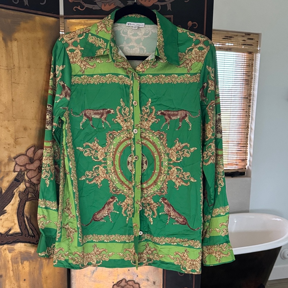 Nina Ricci Green Baroque Print Silk Blouse
